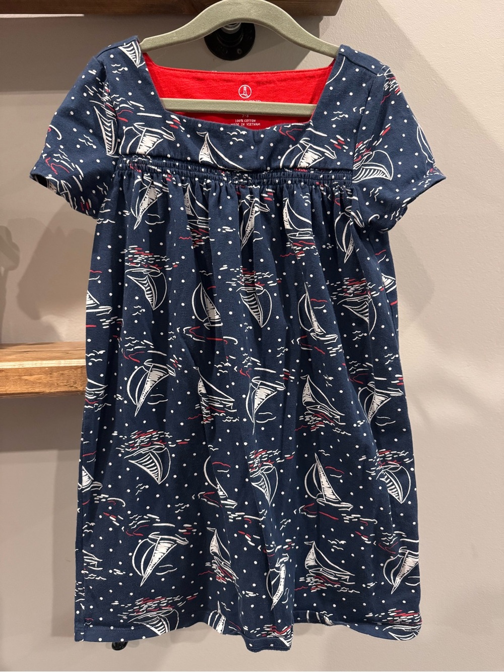 Lands' End Girls’ Navy Dress with Red Lining and White Sailboat Accents